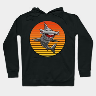 Funny Cartoon Hammerhead Shark on Vintage Sunset Hoodie